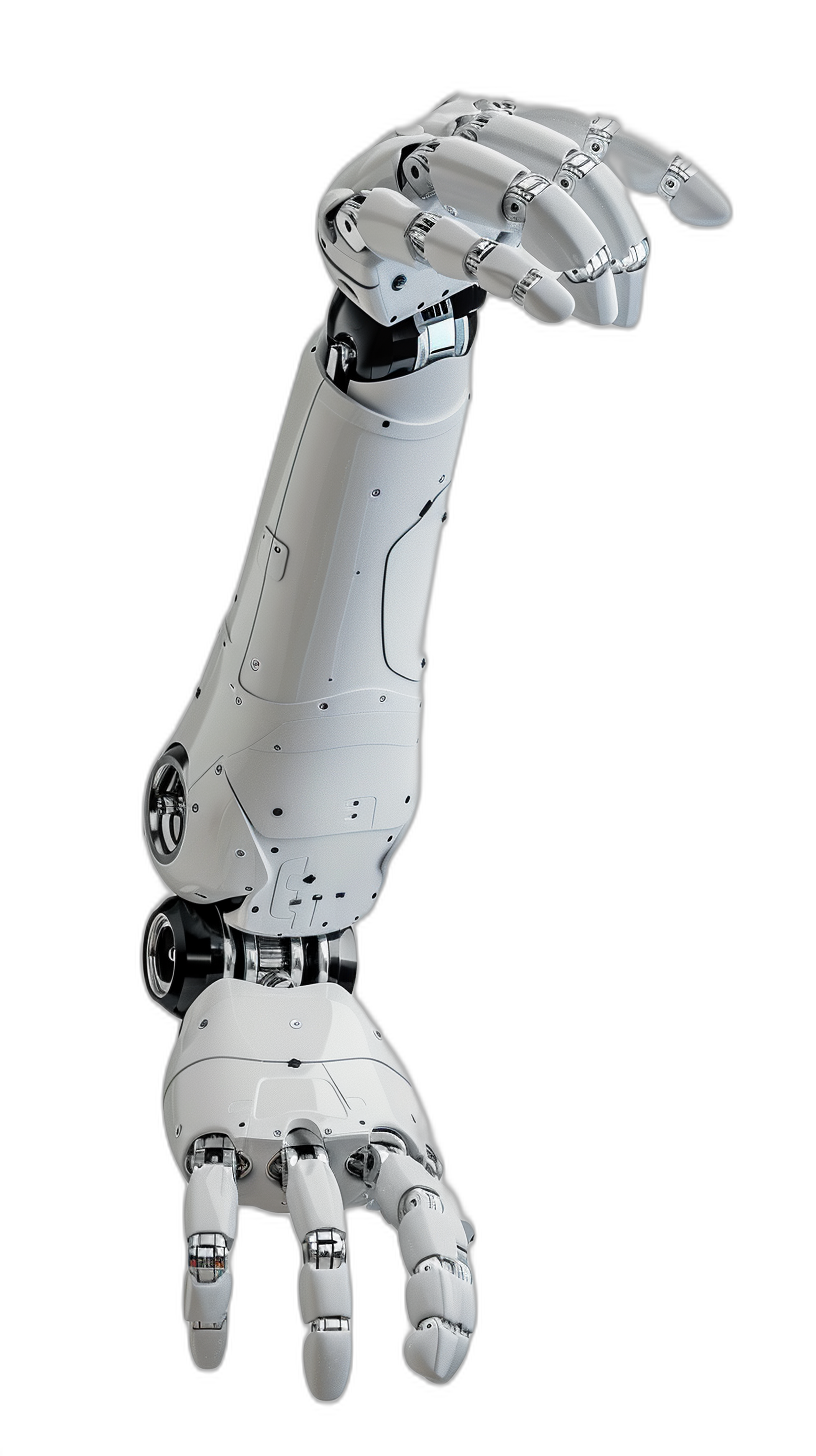 Photo of an arm robot in white color, pointing upwards with its hand on a black background, in the hyper realistic style.