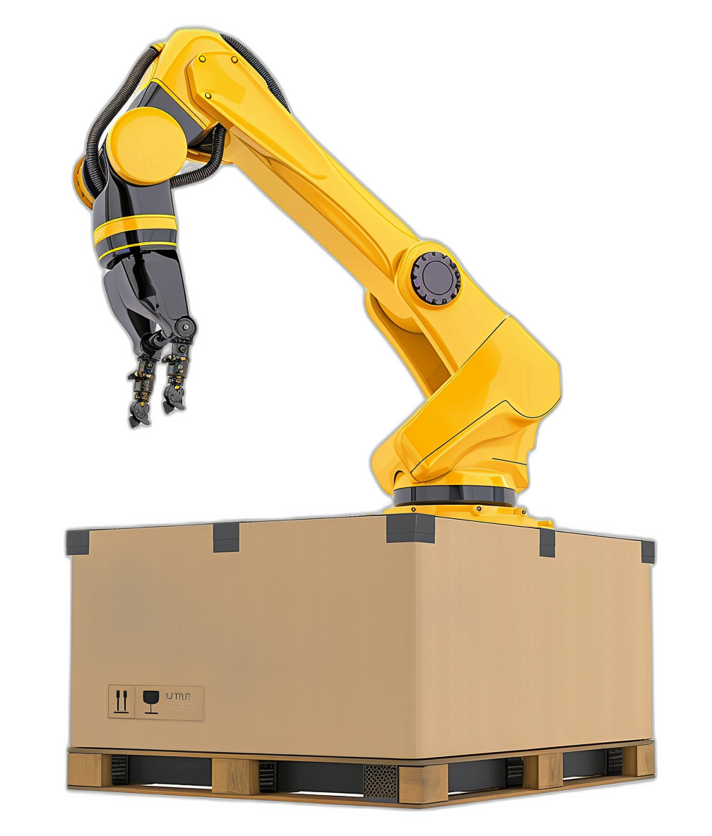 yellow and black robot arm lifting a box on a pallet, against a black background, in the style of a hyper realistic photo