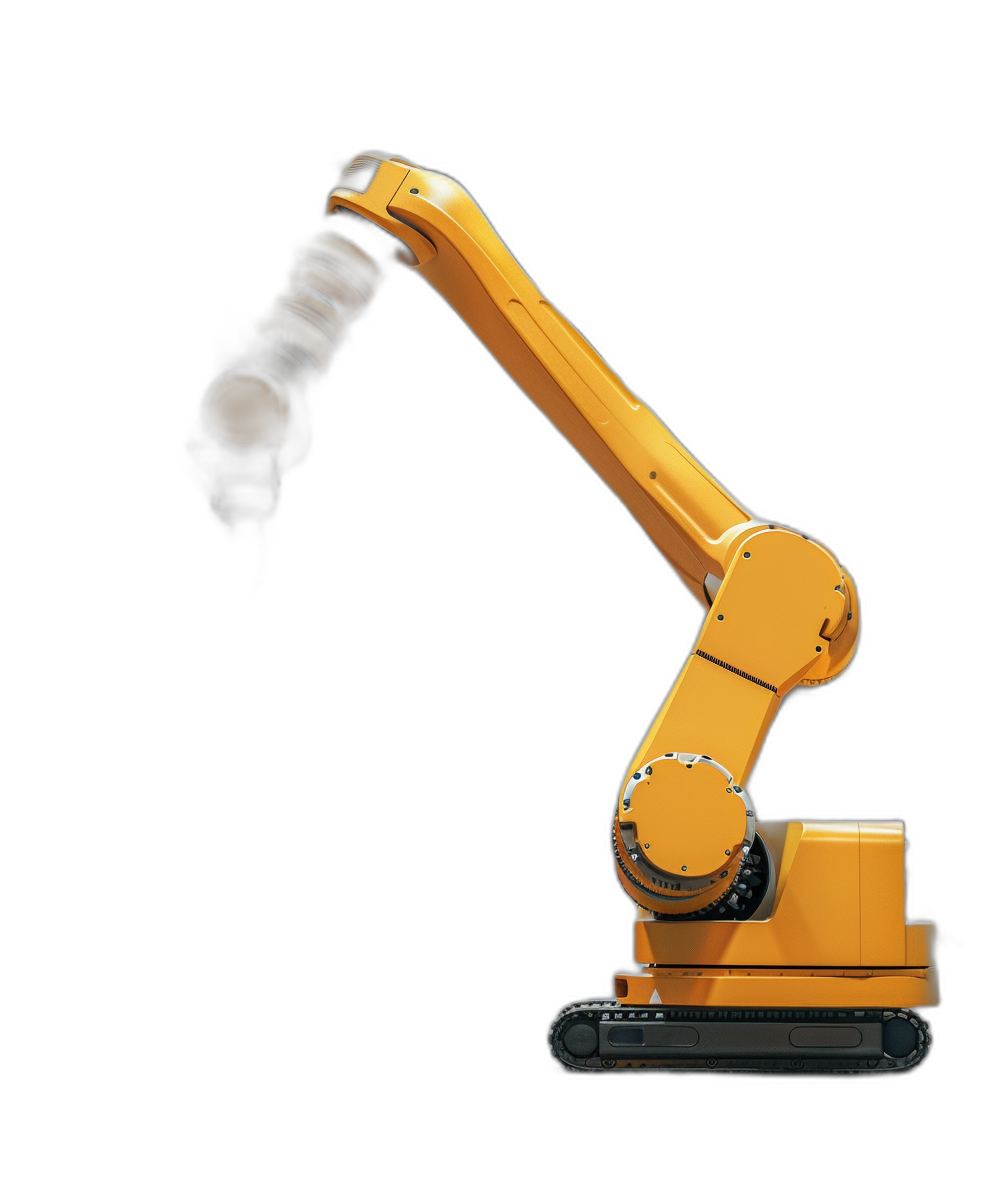 side view of yellow industrial robot arm on black background, isolated