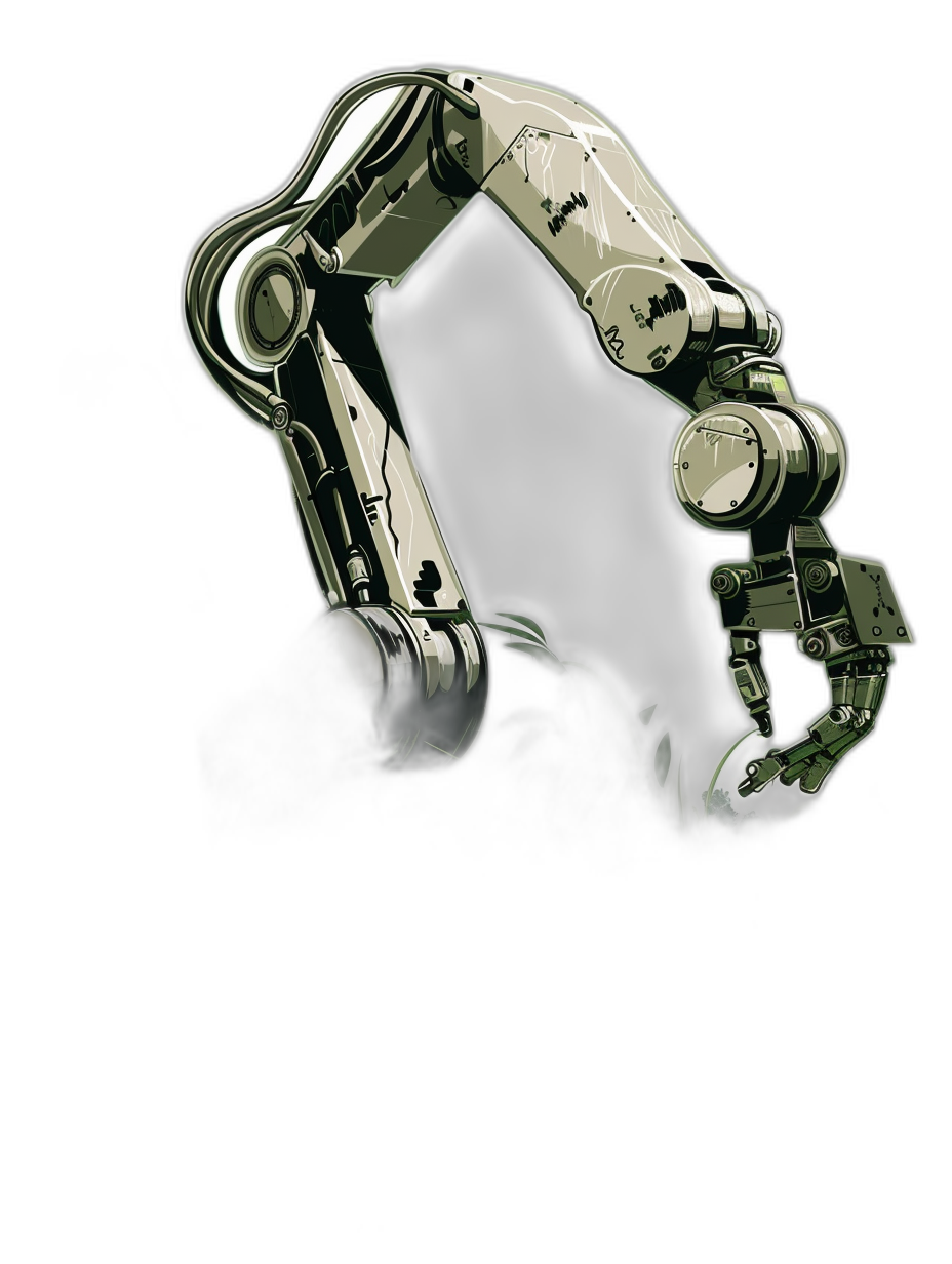 A robotic arm with a dark background, simple design and white illustration style. The silhouette of the robot’s hand is outlined in green camouflage, with visible gears on its fingers and wrist, creating an industrial atmosphere. It appears to be holding something, but no details can being seen inside or outside it, adding mysterious depth. This depiction showcases the mechanical beauty of the robot against a solid black backdrop, emphasizing its futuristic appearance.