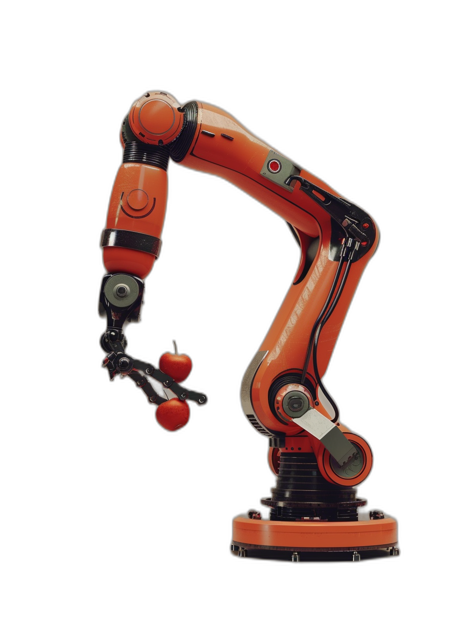 Photo of an orange and black robotic arm holding an apple, isolated on a solid black background, in a minimalistic stock photo style with natural light, in a high quality picture taken with a Canon EOS R8 Mark II camera.