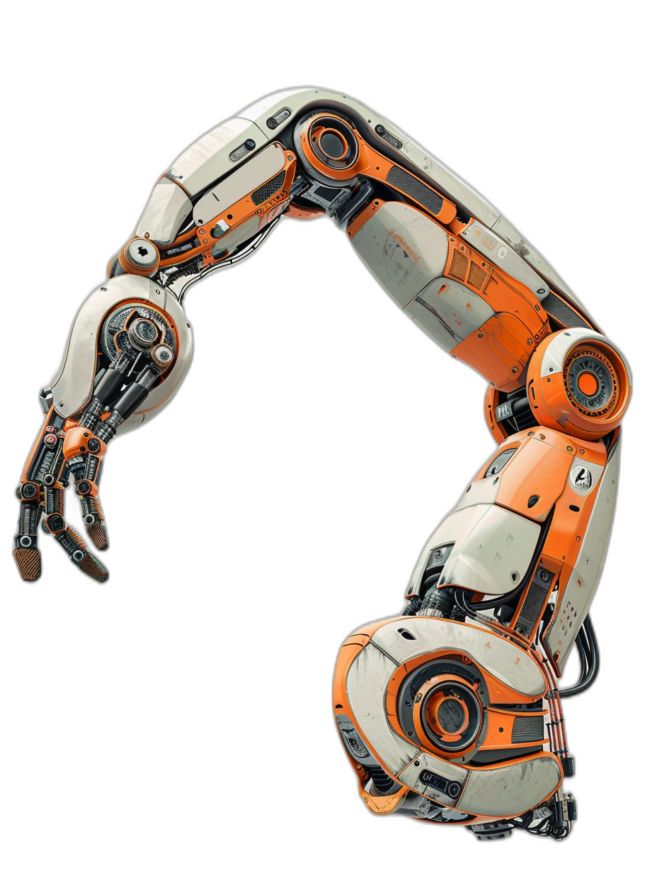 3/4 view, half side angle view of a scifi robotic arm in orange and white colors with round details on a black background, in the cyberpunk style, futurism, hyperrealistic photography in the style of futurism.