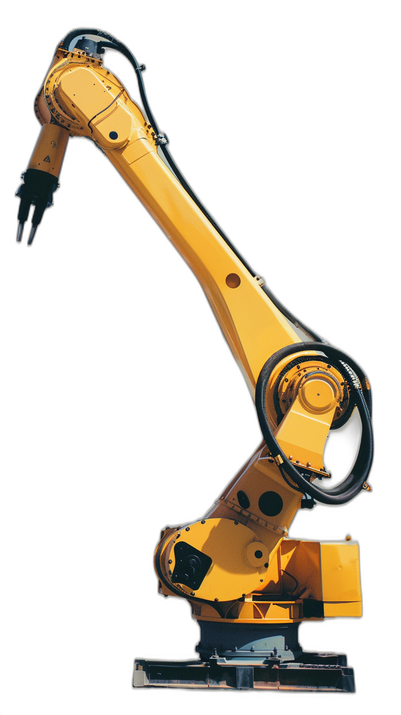 A yellow robotic arm, side view, on a black background, in the hyperrealistic style, with detailed features and high resolution. The robot is positioned on the right of the frame against a pure white backdrop. It has an industrial design that includes circular accents in its mechanical structure. There is no text or other elements present in front of it, highlighting the vividness of details. A small amount of light reflections can be seen from behind the machine body, adding depth to the scene.