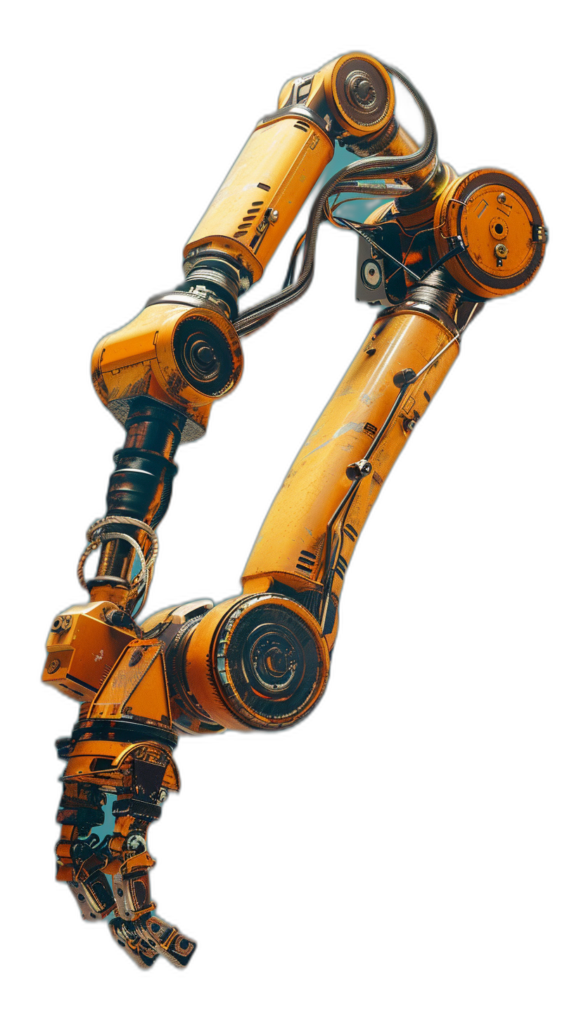 A robotic arm in the style of mechanical style, orange and blue colors, black background, 3D rendering, high resolution, high quality, high detail, high definition texture, professional photography