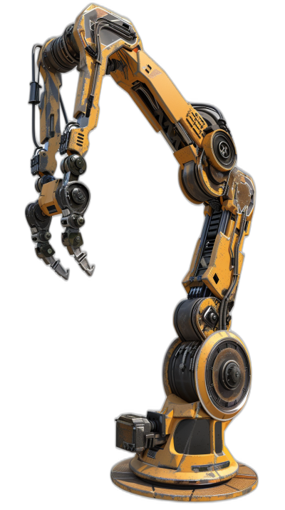 A large mechanical arm in an industrial design style with yellow and black colors. On top of the robotic claw is an electric motor against a solid background in a product shot style with studio lighting. The photorealistic and high resolution photography shows insanely detailed fine details of the isolated mechanical arm on a plain background.