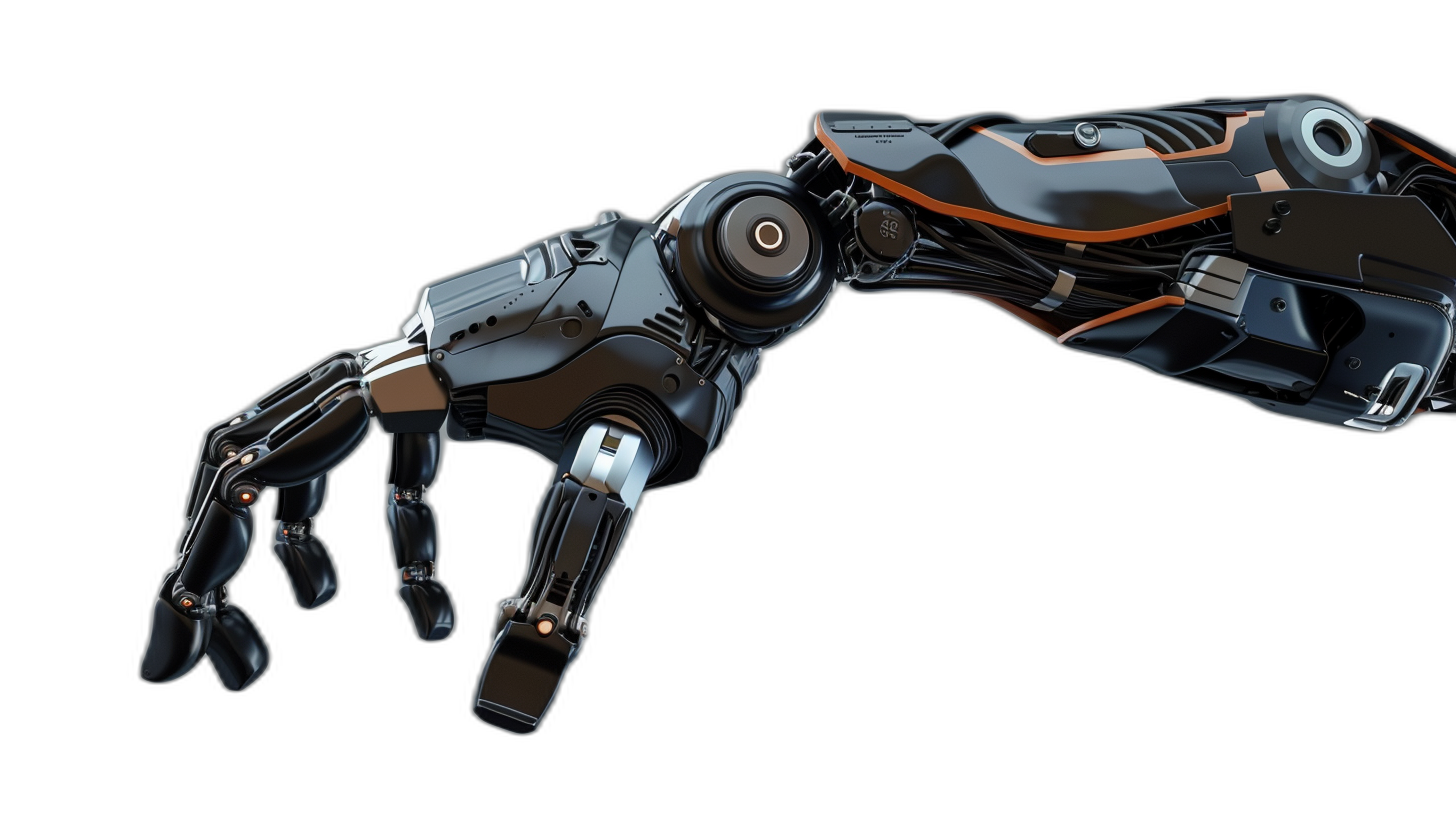 3d render of robotic arm, black background, cyberpunk style, orange and white details on the hand, futuristic design, metallic texture, high resolution, futuristic vibe, tech aesthetic, 50mm lens, sharp focus