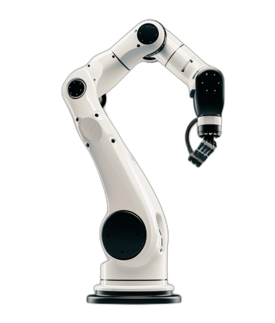 A white robotic arm with black background, high resolution, isolated on the left side of an empty space for text or graphics, perfect for adding custom content or graphic elements. The robot's design is sleek and modern, showcasing advanced technology in its appearance. This stock photo highlights the beauty and complexity of industrial robotics through detailed attention to detail and professional lighting techniques.