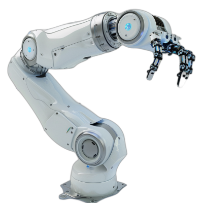 A robotic arm with two blue LED lights on the left and right sides, white color body, pure black background, scifi style, futuristic technology sense, robotic arms pose, threequarter profile view, high resolution, high detail, high quality,