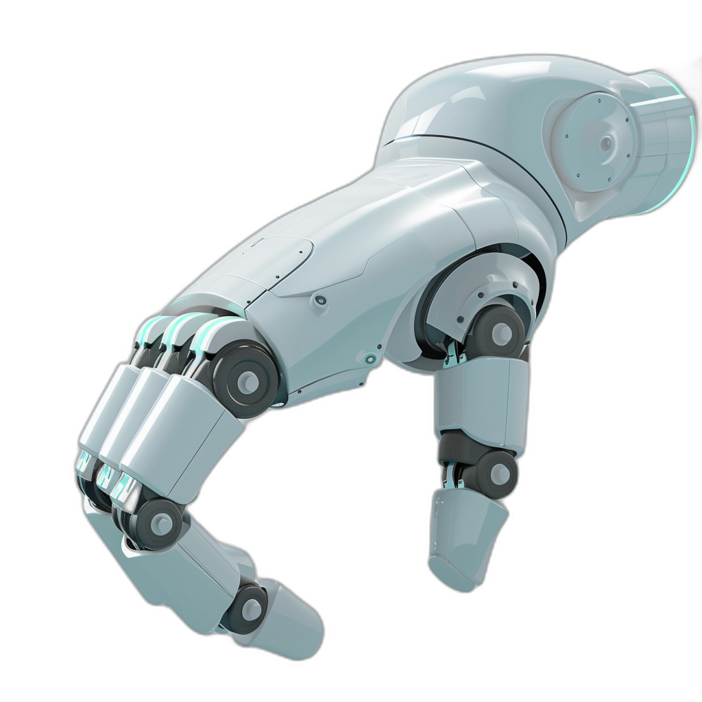 3d render of white robot hand on black background, 45 degree angle