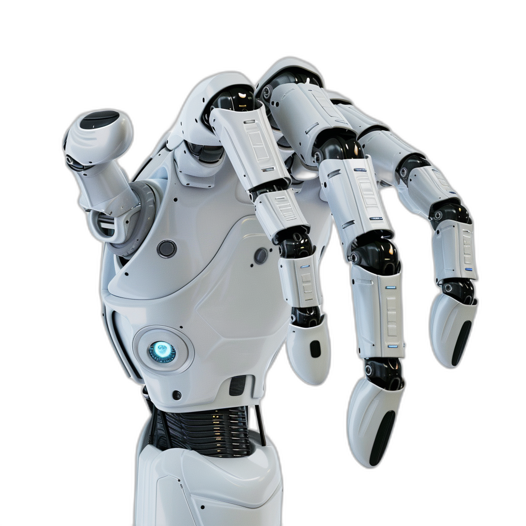 3d render of white robot hand on black background, full body shot, photorealistic