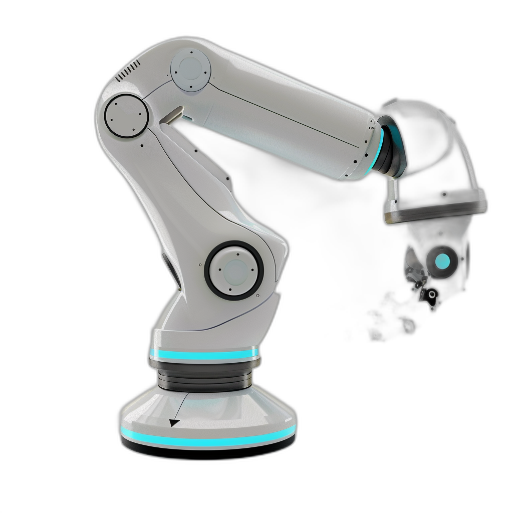 A robotic arm with light blue LED lights on its body is holding an industrial camera, isolated black background, 3d rendering, white and grey color scheme, side view, futuristic style, high resolution, high detail, high quality