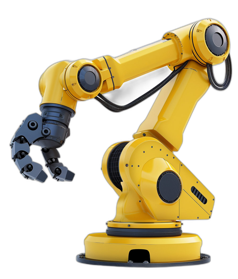 yellow robotic arm with tool on black background, photorealistic, 3d render, 45 degree side view, high resolution, hyper realistic, high details, high quality, high sharpness, sharp focus, no blur,