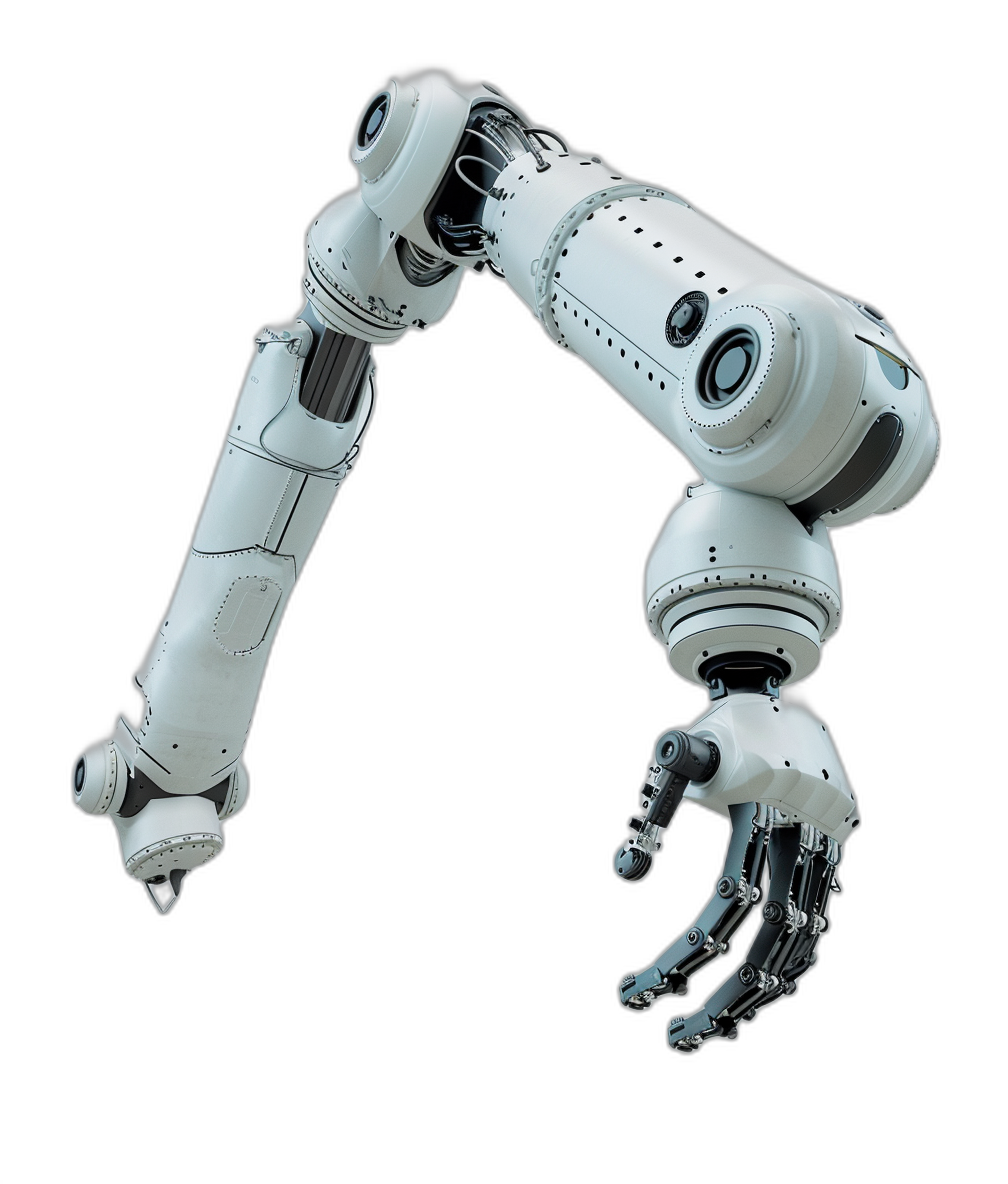 white robot arm, reaching out to grab something, isolated on black background, hyper realistic