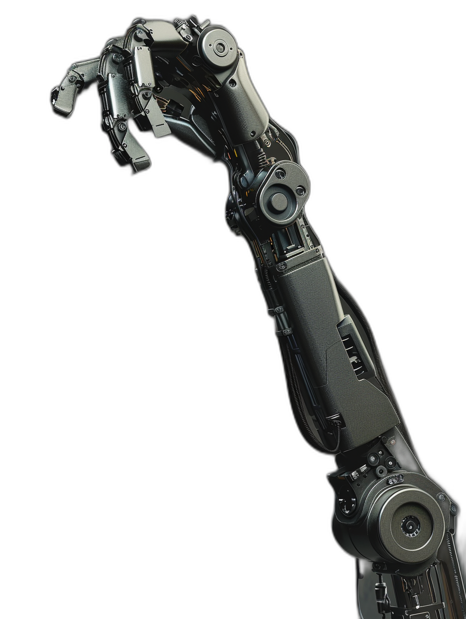 A robotic arm with a hand on it, side view, black background, in the hyper realistic style.