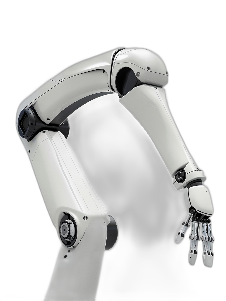 A robotic arm with its hand extended, white and silver color on a black background, in a hyperrealistic, futuristic style, shown from the front view, with bright light, from a low angle shot, at high resolution.