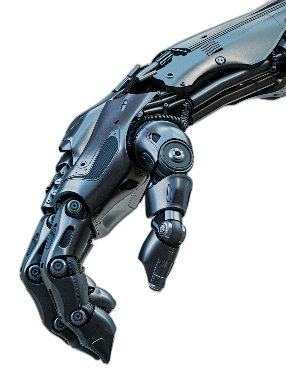 A robotic arm with a metal, sci-fi style, closeup of the hand and fingers, high resolution, on a black background, side view, high detail, hyper realistically rendered in the style of sci-fi.