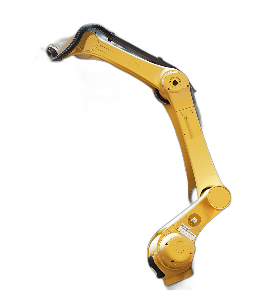 A yellow robotic arm on a black background, in the style of a hyper realistic photo.