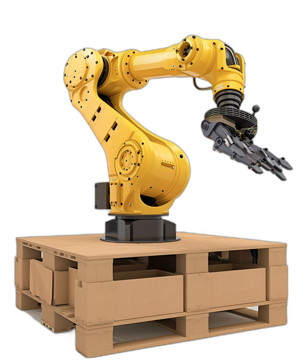 A yellow robotic arm picking up an industrial cardboard pallet, isolated on a black background, in the photorealistic style, in the hyperrealism style, in the ultra realistic style, stock photography, unreal engine