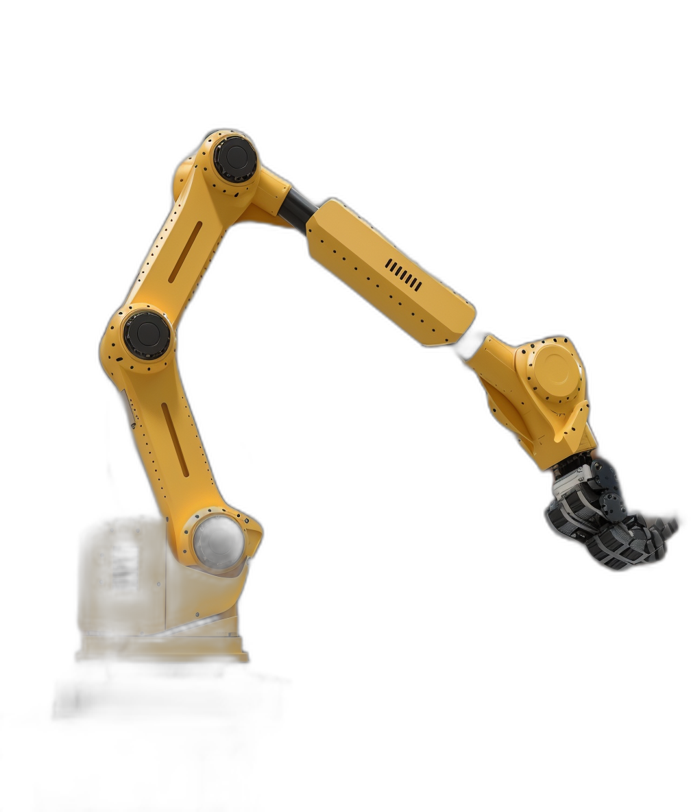 A yellow industrial robot arm against a black background, viewed from the side in high resolution photography. The robot arm is in the style of industrial machinery.