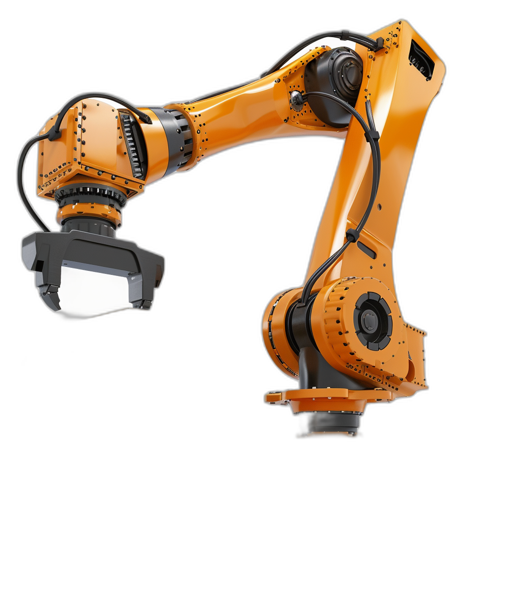 an industrial robot arm holding an LED light on black background, isolated, orange color, 3d rendering,