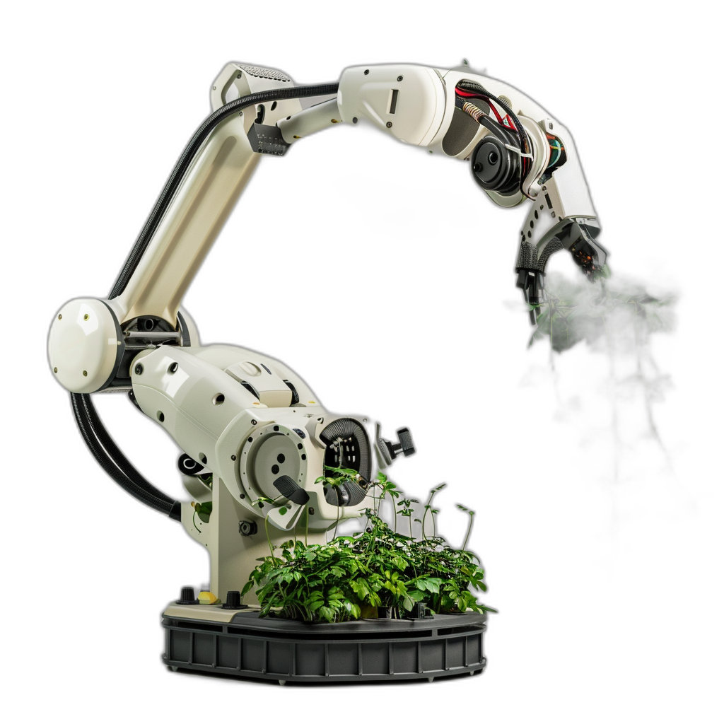 A white robotic arm with an industrial design that uses green plants to plant in the black background, a futuristic concept of sustainable and high-tech food production. Use the brand colors green and dark grey. The robot is designed as if it were working on a space station or earth for eating. This will be used in the style of humans living on other planets for growing their own food. There should also be growing vegetables. Make sure there are no shadows on your hands!