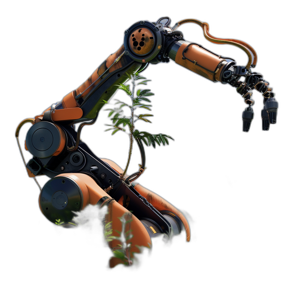 A robotic arm with an orange and black color scheme holding some cannabis plants in its hand, against a black background, in the hyper realistic game item art style.