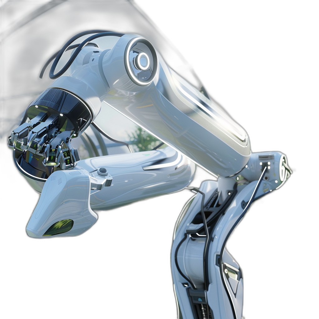 3D rendering of a robot arm holding a car in silver and white colors against a black background in a futuristic style with a closeup view and blurred effect. The robot arm is rendered in the style of futuristic technology.