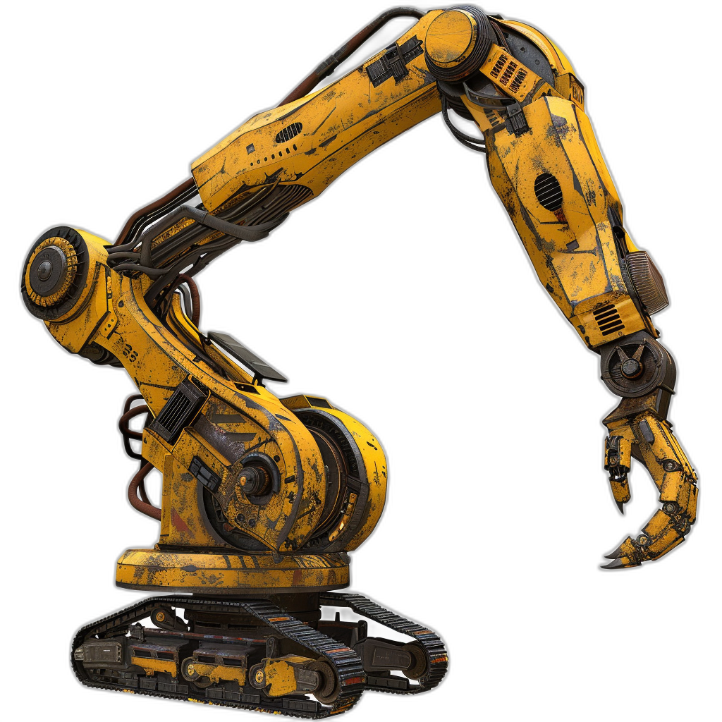 A robotic arm holding an excavator against a solid black background, rendered in a 3D game art design style with a bright yellow color scheme, modeled in hard surfaces with high resolution and detail, viewed from the front.