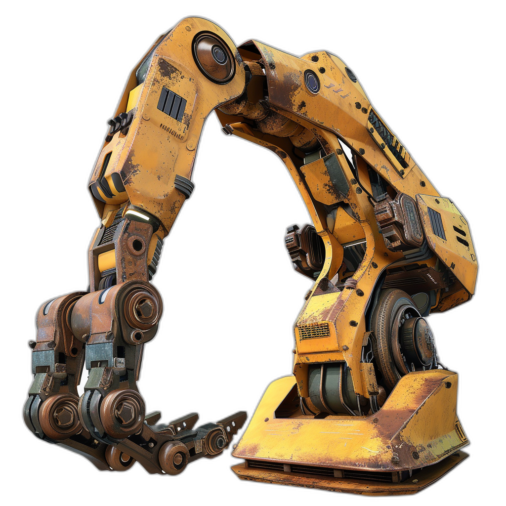 A large yellow robot arm with rusted parts and gears on the arms. The style is in the style of artstation, a digital painting with a full body shot against a black background. It has a stylized look with flat colors and low detail shown from the front. The overall feel of it should be very detailed and realistic.