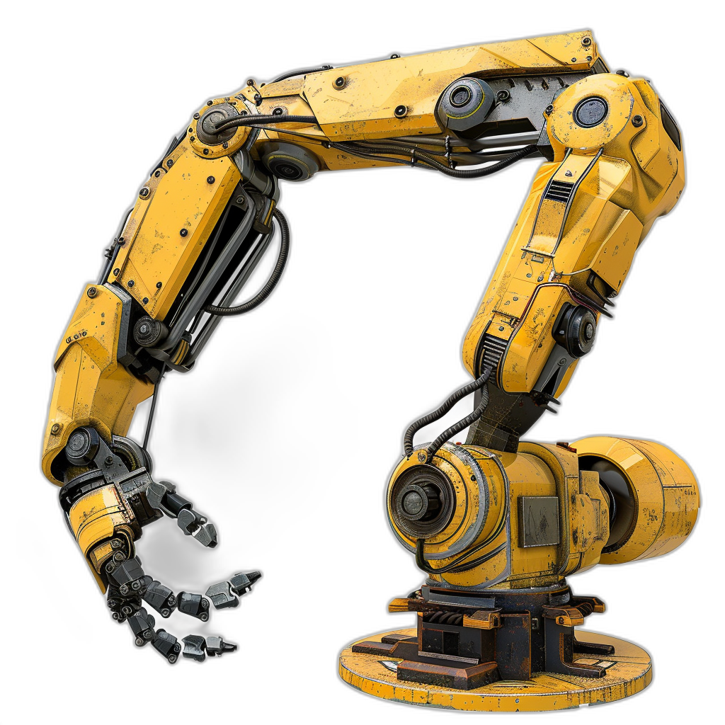 3/4 view of a yellow sci-fi industrial robot arm in the style of realistic digital art against a black background