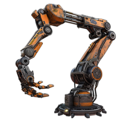 A robotic arm with an orange and black color scheme, rendered in the style of ZBrush, featuring high resolution against a pure background. It is designed for use as game art, with detailed textures on its body and mechanical parts. The focus should be on the robot's hand, which stands out prominently due to it being larger than normal. This design has been created using C4D OC renderer, giving it a realistic appearance and depth.