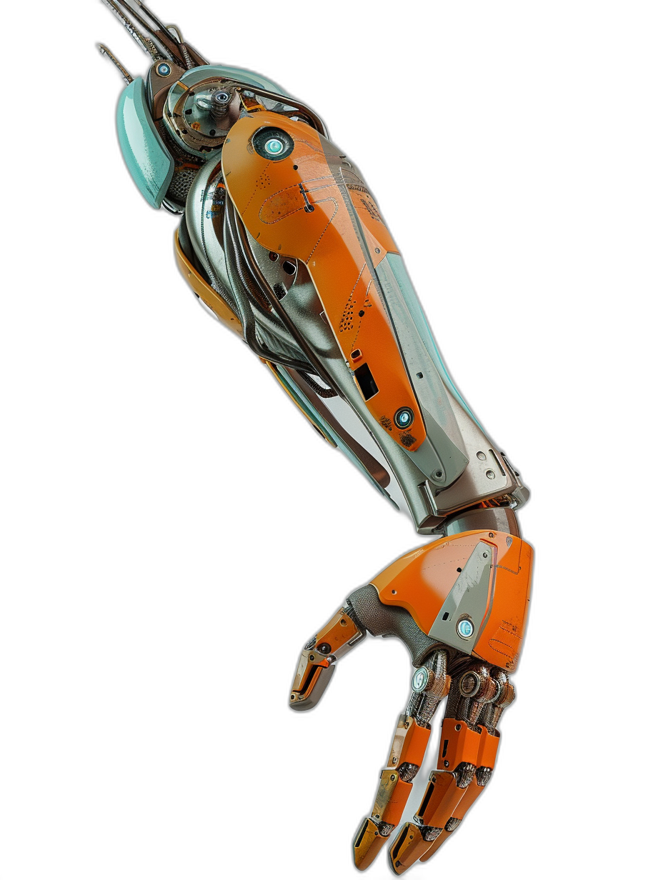 3/4 view of a cyberpunk orange and teal arm prosthetic robot hand with grey metal parts on a black background, photographed at 50 mm lens with high resolution digital photography in the style of Weta Studio rendered with Octane.