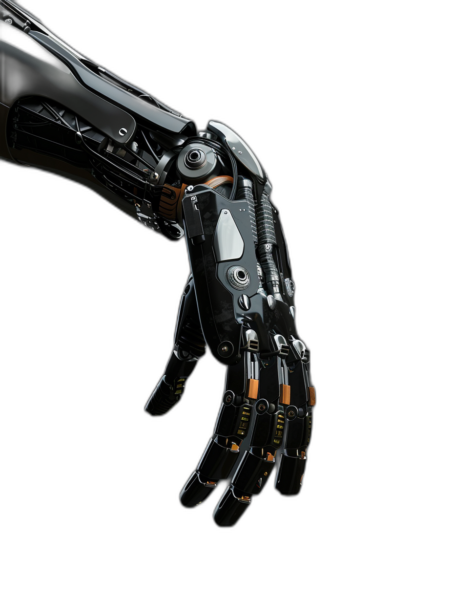 Black background, a high-tech robotic arm with black and orange details on the hand, a futuristic design, metallic texture, a closeup of the robot’s forearm showing advanced technology features, in the style of high resolution photography, soft lighting highlighting metal textures, focus on mechanical precision, detailed rendering.