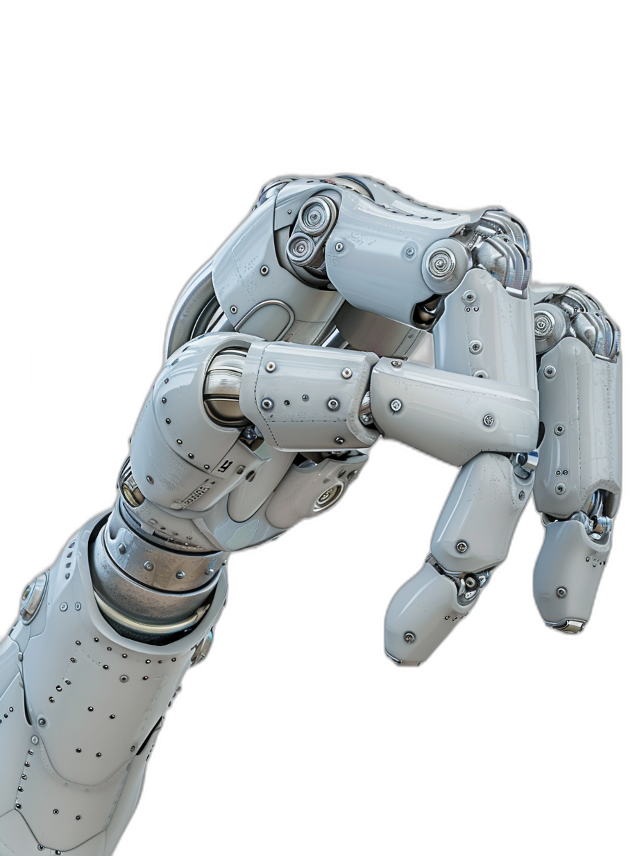 A robotic hand with white metal arms and fingers, pointing towards the viewer on black background, high resolution, high detail, hyper realistic