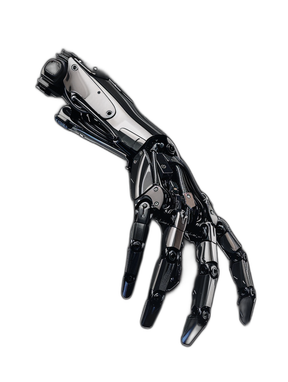 a futuristic robotic hand made of black and chrome metal, pointing down at the ground, black background, hyper realistic photography