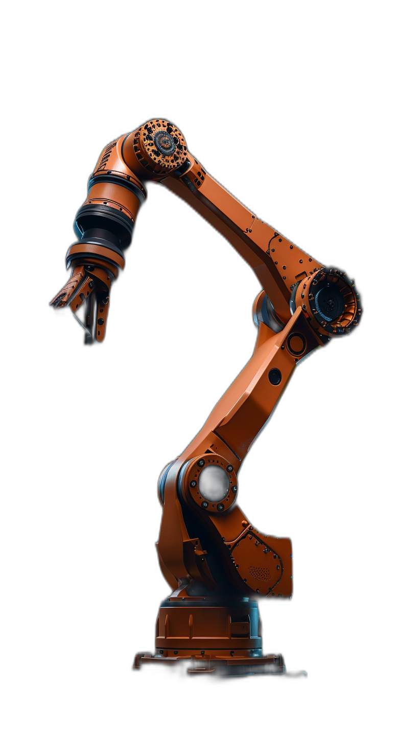 industrial robot arm, orange color on black background, side view, studio photo shot style, high resolution photography