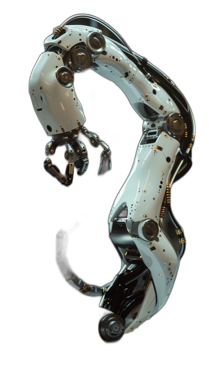 3D rendering of a robotic arm in white color on a black background, shot from a low angle, with studio lighting, high resolution photography, with insanely fine details, isolated on a plain background, with stock photo quality, in the style of an unnamed artist.