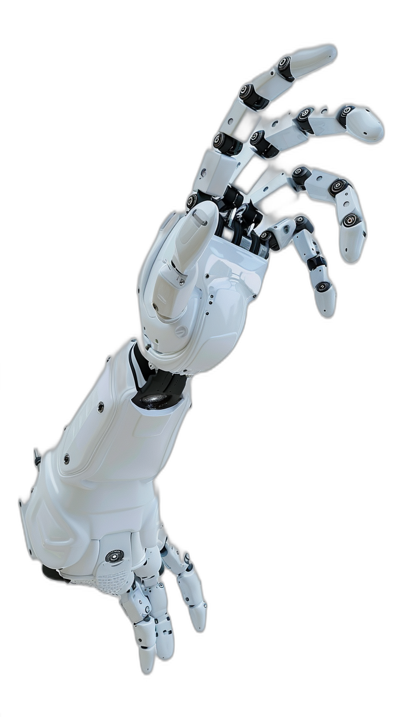 A white robot arm, extending its hand to help you on black background