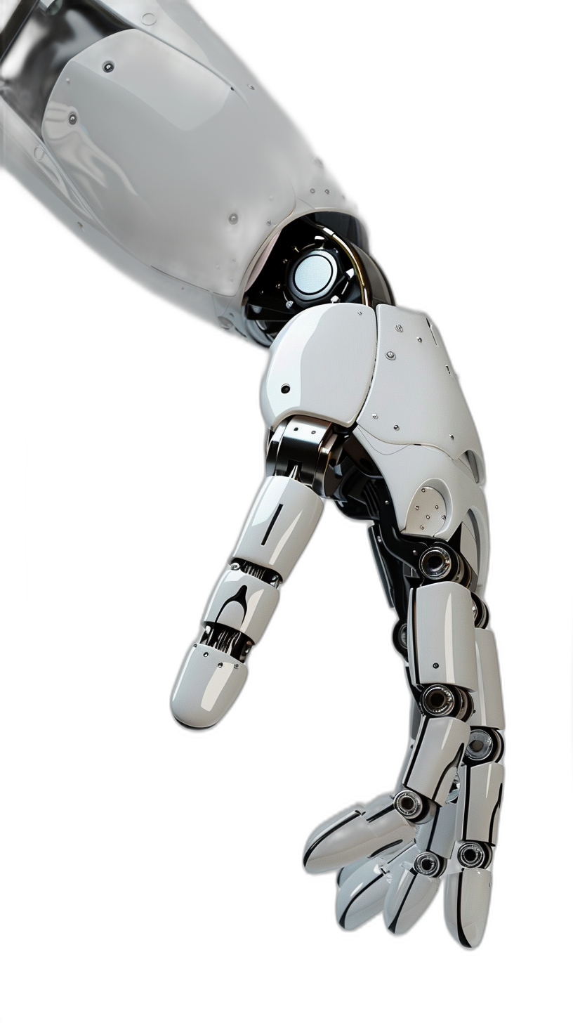 Closeup of the robot’s hand, white metal on a black background, the arm is extended and slightly raised up. The photography is of high resolution and detail, with hyper realistic style.