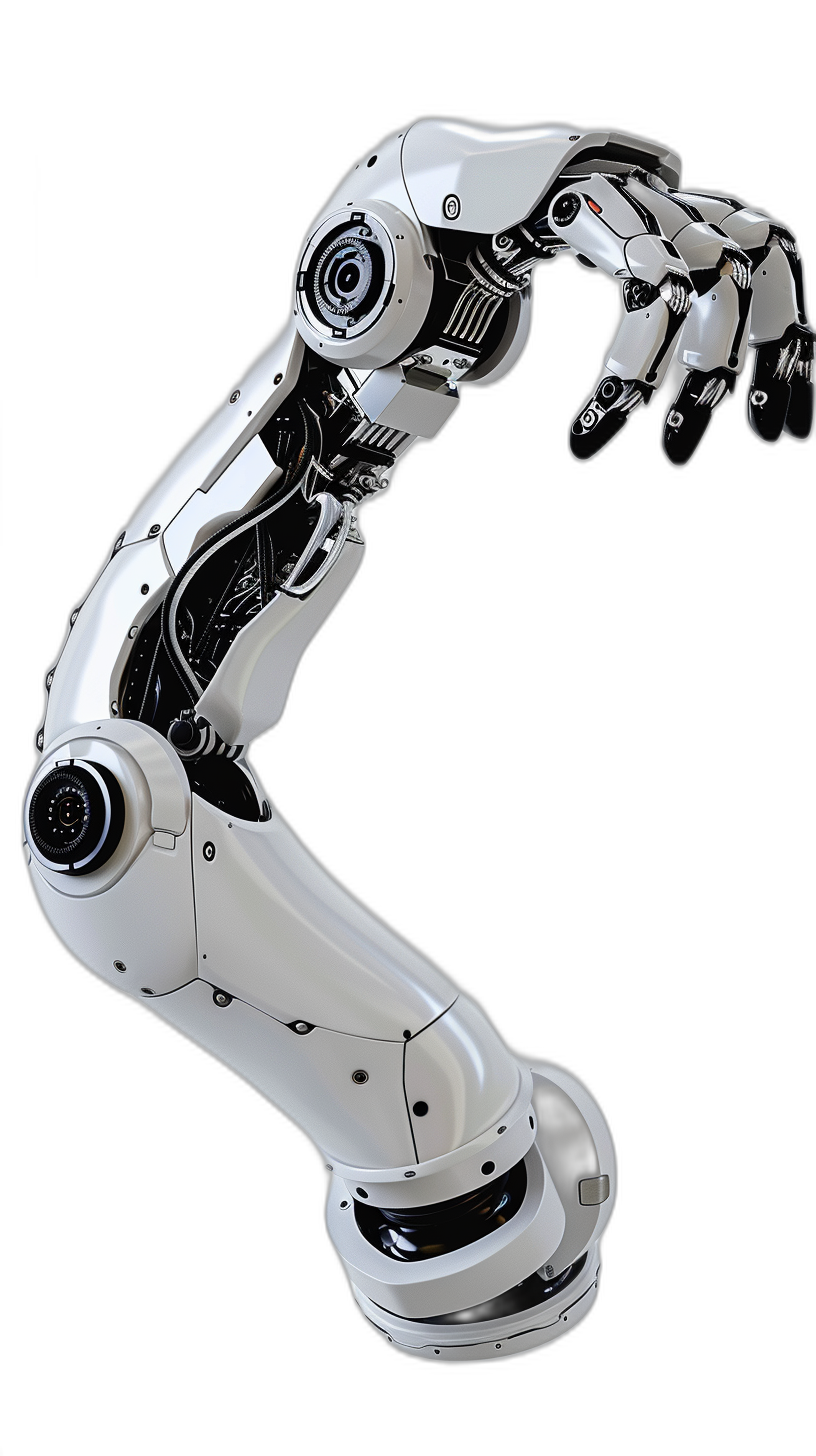 A white robot arm on a black background in a hyper realistic photo style full body shot.