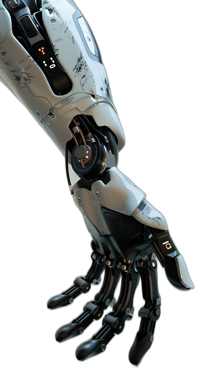 3d render of robot hand with mechanical wrist, on black background, low angle shot, unreal engine, hyper realistic