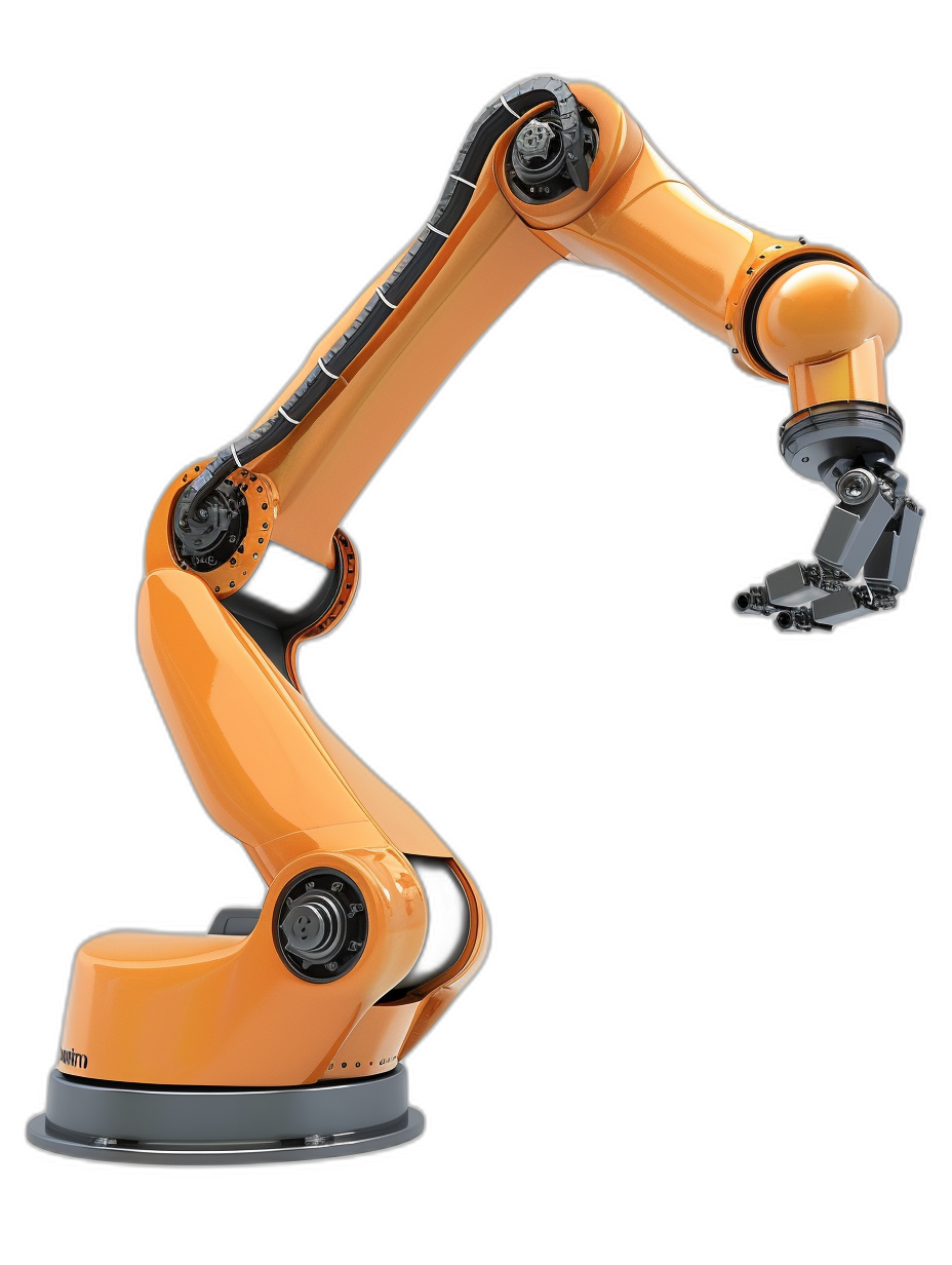 An orange robotic arm on a black background, photographed in a photorealistic, high resolution style.