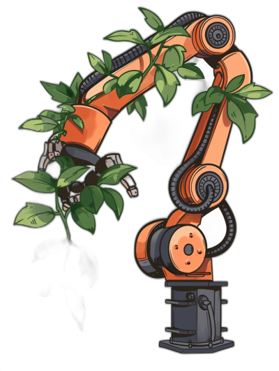 A cartoon vector illustration of an orange robot arm with green leaves growing on it, against an isolated black background, in the style of a tshirt design.