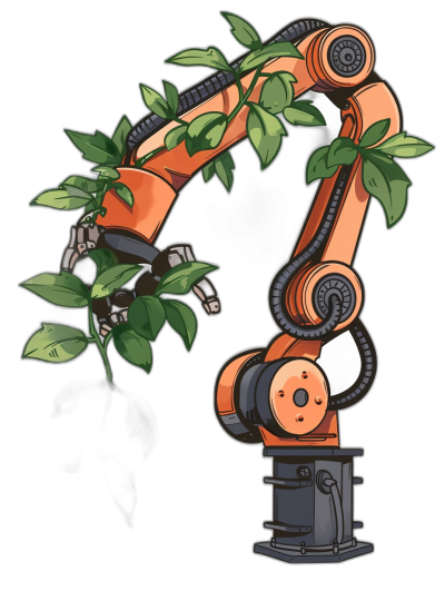 A cartoon vector illustration of an orange robot arm with green leaves growing on it, isolated black background, tshirt design