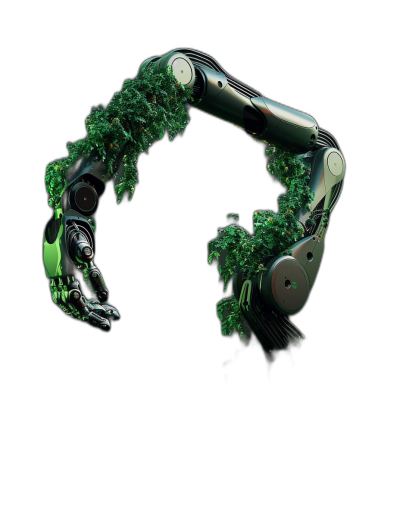 A black background with an arm made of green tree foliage and robotic parts, in a minimalistic style, in the style of a 3D render.