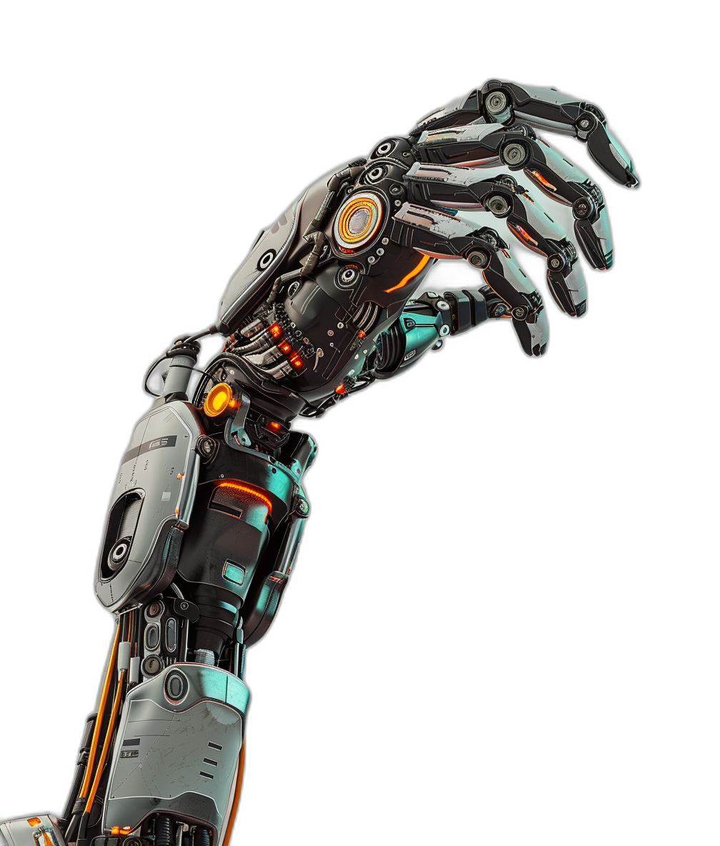 futuristic robotic arm, side view, pointing down at the ground, black background, orange and teal highlights on grey metal parts, hyper realistic