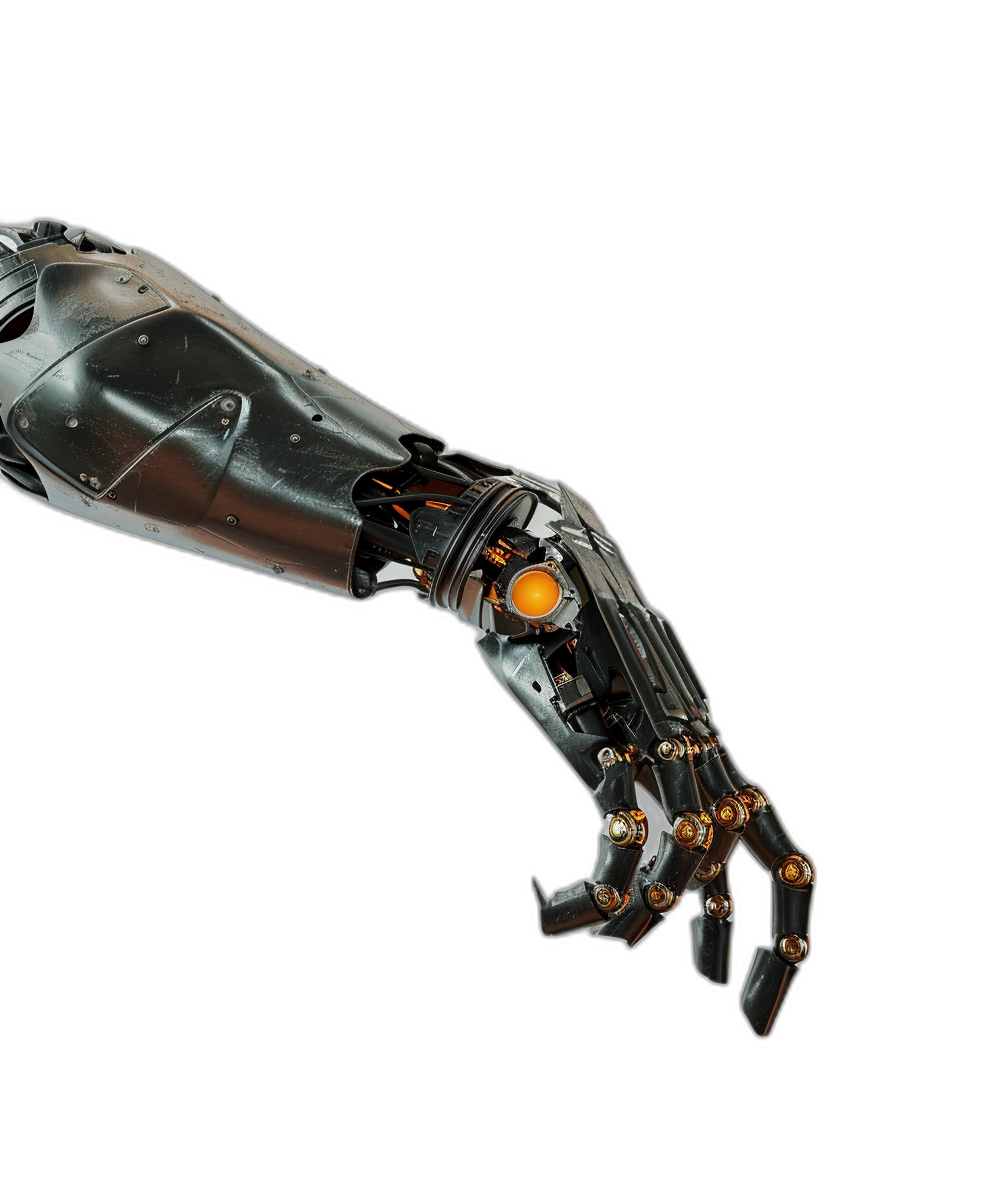 A robotic arm with its palm extended, black background, high resolution, hyper realistic details, futuristic style, metallic texture, orange light in the hand, side view of upper body.