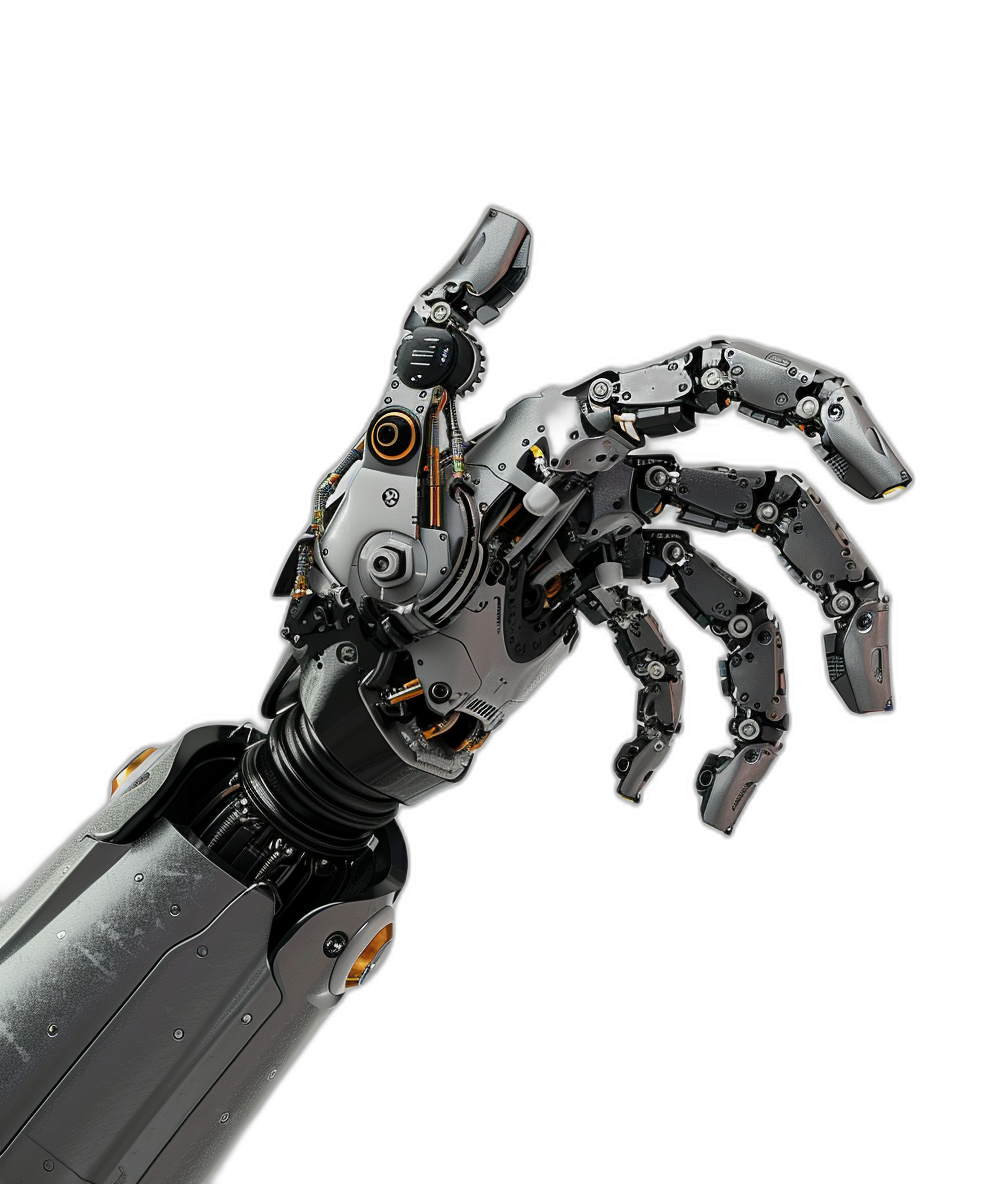 a robot hand reaching out, black background, hyper realistic