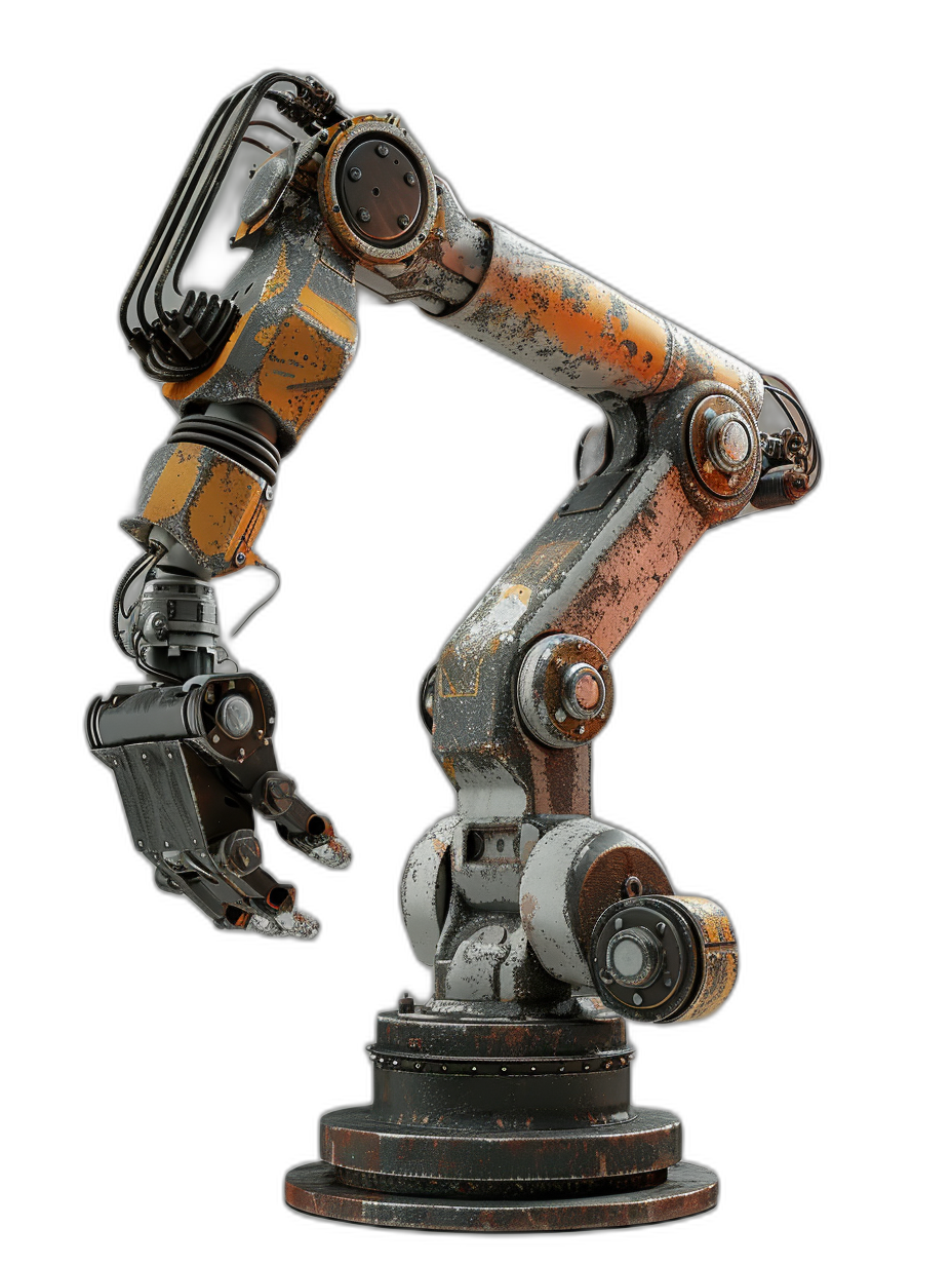 A robotic arm, rusted and old, painted in metallic colors with details of orange and white against a black background, captured with high resolution, realistic photography in a highly detailed, high quality style.