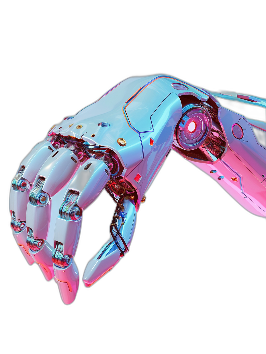 3D render of a white and pink holographic robot hand with a red light on a black background, in a low angle shot, with a sleek design, high resolution, in the futuristic style, hyper realistic, with global illumination and lighting, rendered with Octane, cinematic, with volumetric lighting, super detailed and high resolution.